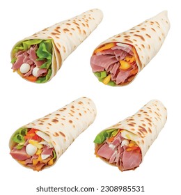 Shawarma for restaurant menu with mozzarella, and smoked tuna, in teriyaki sauce appetizingly presented in a modern 3D vector illustration