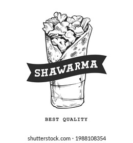 Shawarma Retro Emblem. Plantilla de logotipo. Blanco y negro. Esbozo de Shawarma. Ilustración vectorial EPS10.