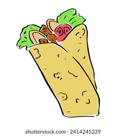 rollo de shawarma con carne y verduras, pinza de un solo vector. Dibujo manual de comida rápida.