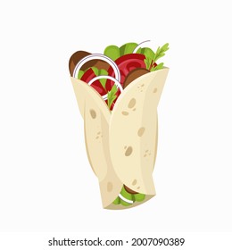 Shawarma sandwich: Grill, Meat, Tomato, Cucumber, Onion. Restaurant Menu, vector illustration