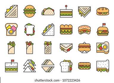 Shawarma sandwich, hotdog, taco, burger, fast food filled outline icon