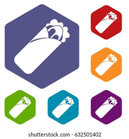 Shawarma sandwich icons set hexagon isolated vector illustration