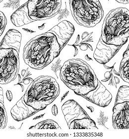 Shawarma sandwich seamless pattern. Packaging sketch design. Hand drawn vector illustration. Fast food background.