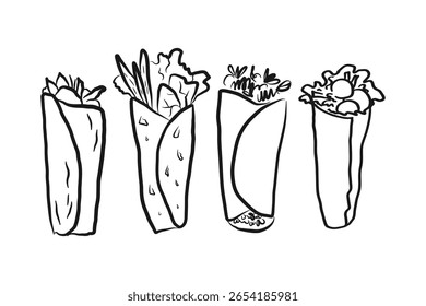 Shawarma Sandwich sketched on isolated background. Ink doodle with Traditional Fast Food, Falafel, Snack with meat, vegetable, vegetarian nutrition. Design for logo, menu, sign. Vector illustration