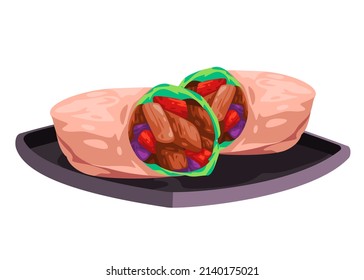 Shawarma sandwich wrap vegetable and meat traditional arab middle east food vector drawing illustration