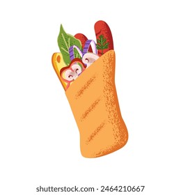 Shawarma with sausages, mushrooms. Doner kebab, fastfood pita roll with meat, different vegetables. Grilled burrito, shawerma. Fast food snack. Flat isolated vector illustration on white background