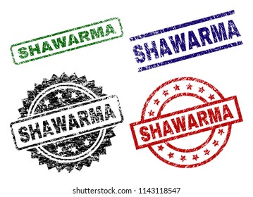 SHAWARMA seal prints with corroded surface. Black, green,red,blue vector rubber prints of SHAWARMA tag with corroded style. Rubber seals with circle, rectangle, medallion shapes.