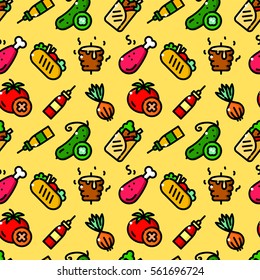 Shawarma seamless pattern with objects in line style, fast food vector illustration
