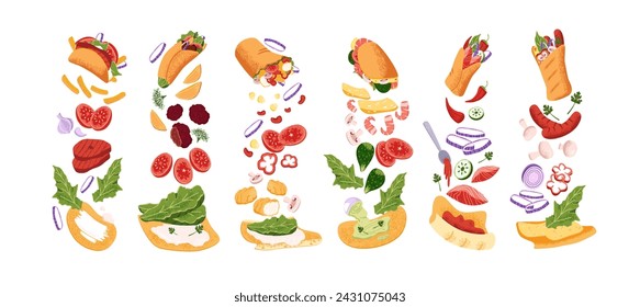 Shawarma set. Different shawermas: falafel, doner kebab, taco, gyros. Flying ingredients of fast food. Various fastfood rolls with meat, fresh vegetables. Flat isolated vector illustration on white