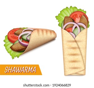 Shawarma set, vector illustration. Turkish takeaway fast food. Realistic pita bread roll with chicken or beef meat, salad and vegetables. Tortilla wrap. Kebab, burrito. Shawarma sandwich.