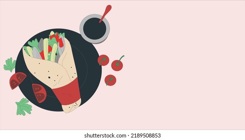 Conjunto de shwarma, ilustración vectorial. comida rápida de comida turca para llevar. Pan de pita realista con pollo o carne de res, ensalada y verduras. Envoltura de tortilla. Kebab, burrito. Sándwich de shwarma.