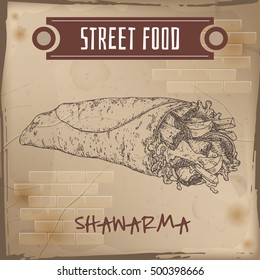 Shawarma sketch on grunge background. Arabic cuisine. Street food series. Great for market, restaurant, cafe, food label design.