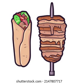Shawarma- und Skewer-Vektorgrafik-Illustration einzeln auf weißem Hintergrund.