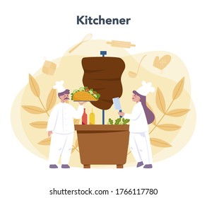 Shawarma street food concept. Chef cooking delicious roll with meat, salad and tomato. Kebab fast food cafe. Vector illustration in cartoon style