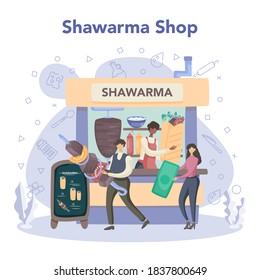Shawarma street food concept. Chef cooking delicious roll with meat, salad and tomato. Kebab fast food cafe. Vector illustration in cartoon style