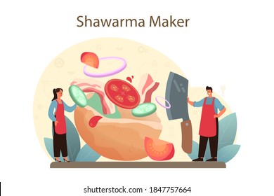 Shawarma street food concept. Chef cooking delicious roll with meat, salad and tomato. Kebab fast food cafe. Vector illustration in cartoon style