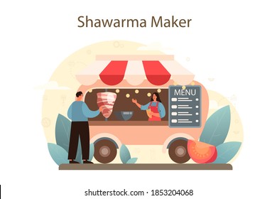 Shawarma street food concept. Chef cooking delicious roll with meat, salad and tomato. Kebab fast food cafe. Vector illustration in cartoon style
