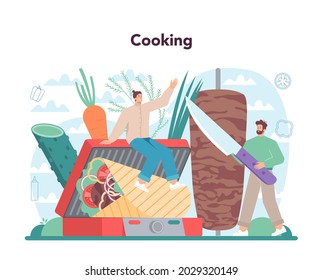 Shawarma street food concept. Chef cooking delicious roll with meat, salad and tomato. Kebab fast food cafe. Vector illustration in cartoon style