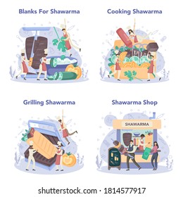 Shawarma street food concept set. Chef cooking delicious roll with meat, salad and tomato. Kebab fast food cafe. Vector illustration in cartoon style
