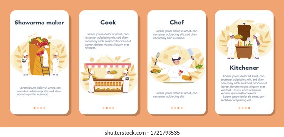 Shawarma street food mobile application banner set. Chef cooking delicious roll with meat, salad and tomato. Kebab fast food cafe. Vector illustration in cartoon style