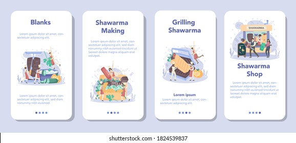 Shawarma street food mobile application banner set. Chef cooking delicious roll with meat, salad and tomato. Kebab fast food cafe. Vector illustration in cartoon style