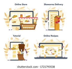 Shawarma street food online service or platform set. Kebab fast food cafe. Online shop, delivery, recipe or video tutorial. Vector illustration in cartoon style