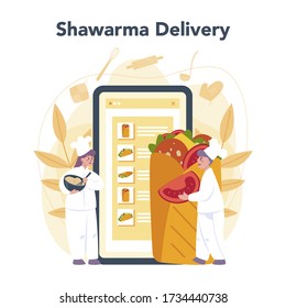 Shawarma street food online service or platform. Kebab fast food cafe delivery. Vector illustration in cartoon style