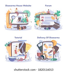 Shawarma street food online service or platform set. Chef cooking delicious roll. Kebab fast food cafe. Online forum, tutorial, delivery, website. Vector illustration in cartoon style
