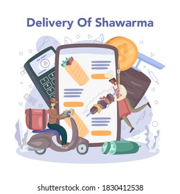 Shawarma street food online service or platform. Chef cooking delicious roll. Kebab fast food cafe. Online delivery. Vector illustration in cartoon style