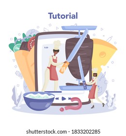 Shawarma street food online service or platform. Chef cooking delicious roll. Kebab fast food cafe. Online tutorial. Vector illustration in cartoon style