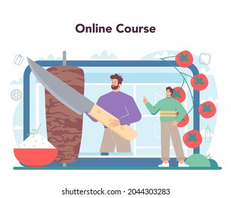 Shawarma street food online service or platform. Chef cooking delicious roll with meat, salad and tomato. Kebab fast food cafe. Online course. Flat vector illustration