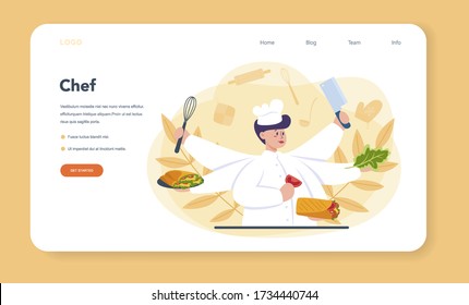 Shawarma street food web banner or landing page. Chef cooking delicious roll with meat, salad and tomato. Kebab fast food cafe. Vector illustration in cartoon style