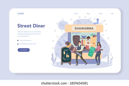 Shawarma street food web banner or landing page. Chef cooking delicious roll with meat, salad and tomato. Kebab fast food cafe. Vector illustration in cartoon style