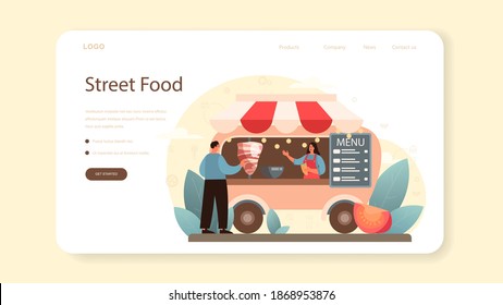 Shawarma street food web banner or landing page. Chef cooking delicious roll with meat, salad and tomato. Kebab fast food cafe. Vector illustration in cartoon style