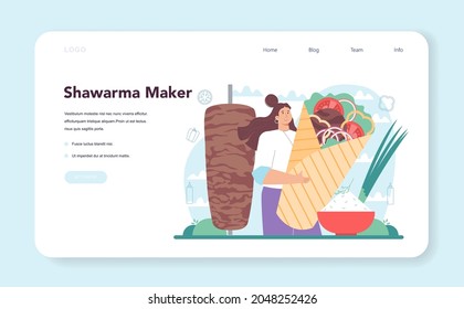 Shawarma street food web banner or landing page. Chef cooking delicious roll with meat, salad and tomato. Kebab fast food cafe. Vector illustration in cartoon style