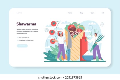 Shawarma street food web banner or landing page. Chef cooking delicious roll with meat, salad and tomato. Kebab fast food cafe. Vector illustration in cartoon style