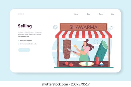Shawarma street food web banner or landing page. Chef cooking delicious roll with meat, salad and tomato. Kebab fast food cafe. Vector illustration in cartoon style