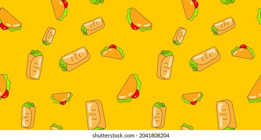 Shawarma, taco seamless pattern. Vector fast food background for design. Food concept.