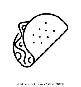 Shawarma thin line icon isolated on white. Burrito, mexican or arabic dish, fast food with meat, vegetables outline pictogram. Gyro, doner kebab vector element for infographic, web.