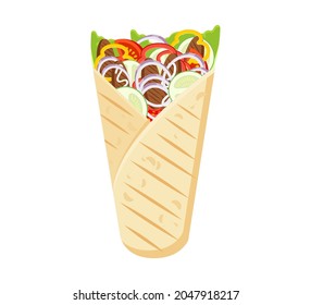 Shawarma Turkish takeaway fast food. Realistic pita bread roll with chicken or beef meat, salad and vegetables. Tortilla wrap. Kebab, burrito. Shawarma sandwich.