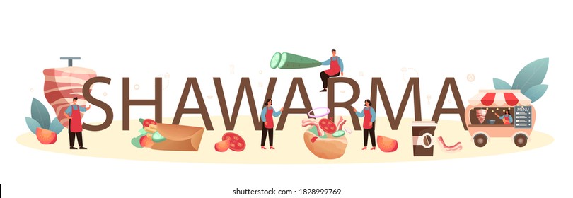 Shawarma typographic header. Chef cooking delicious roll with meat, salad and tomato. Kebab fast food cafe. Vector illustration in cartoon style