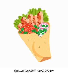 Shawarma vector illustration. Turkish takeaway fast food. Realistic pita bread roll with chicken or beef meat, salad and vegetables. Tortilla wrap. Kebab, burrito. Shawarma sandwich.