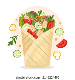 Shawarma con verduras. Comida, productos y platos deliciosos y nocivos. Stikker para redes sociales, logo para empresa. Versión vegetariana, dieta y nutrición. Dibujo vectorial plano de dibujos animados