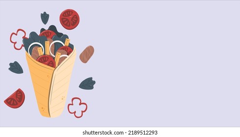 Shawarma with vegetables, salad and chicken on a black background with ingredients. Shawarma sandwich with floating tomato, chili, meat