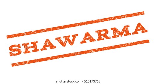 Shawarma watermark stamp. Text tag between parallel lines with grunge design style. Rubber seal stamp with dirty texture. Vector orange color ink imprint on a white background.