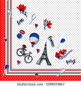 Shawl, bandanna, pillow, scarf. Square pattern. Paris symbols scarf design. Romantic travel in Paris. Magnolia blossom. Embroidery design. Tourism souvenir. Eiffel Tower. Polka dot.