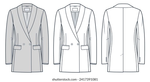 Shawl collar Blazer technical fashion illustration. Double Breasted classic Jacket fashion flat technical drawing template, front and back view, white, grey, women, men, unisex CAD mockup set.