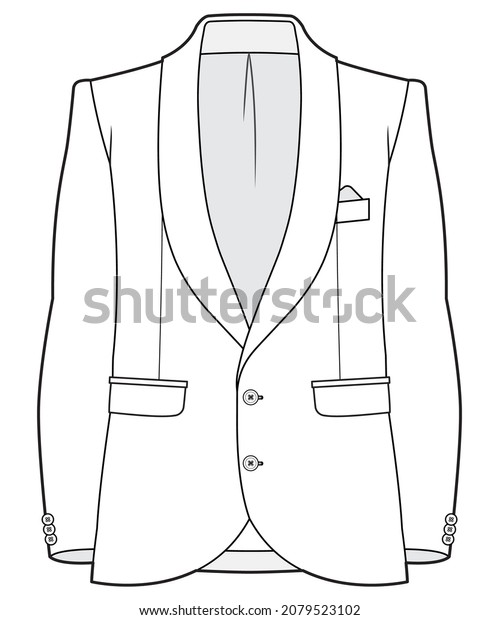 shawl collar dinner jacket two button\
long sleeve blazer suit flat sketch vector\
illustration