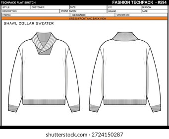 SHAWL COLLAR SWEATER EINFACH BEARBEITBARE LEERE TECHPACK LAYOUT VORLAGE DESIGN