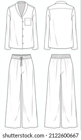 SHAWL COLLAR TOP WITH FLARED BOTTOM MATCHING PYJAMA SET FOR WOMEN IN EDITABLE VECTOR FILE